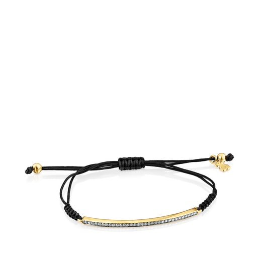 Bracciale a barra con placcatura in oro 18 kt su argento, diamanti e cordino nero Nocturne