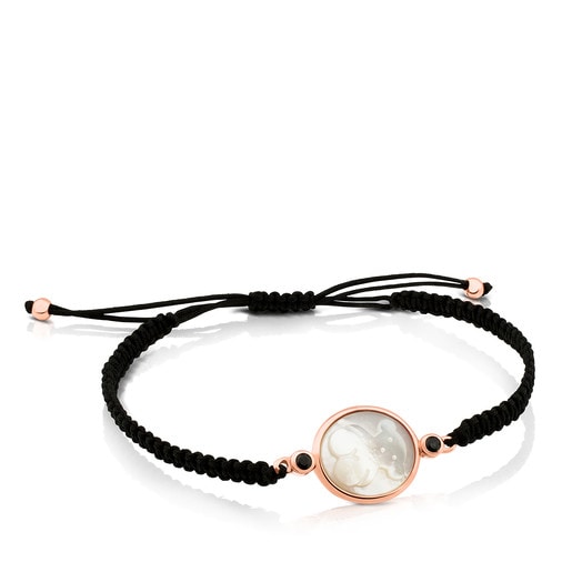 Rose Vermeil Silver Camee Bracelet with black Cord, Mother-of-Pearl and Spinel