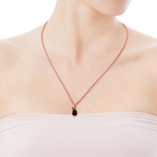 Rose Vermeil Silver Tiny Pendant with Onyx and Ruby