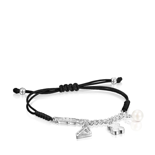 Armband Since 1920 aus Silber mit Perle und schwarzer Kordel