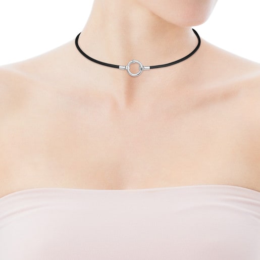 TOUS Hold Necklace in Silver and black Leather