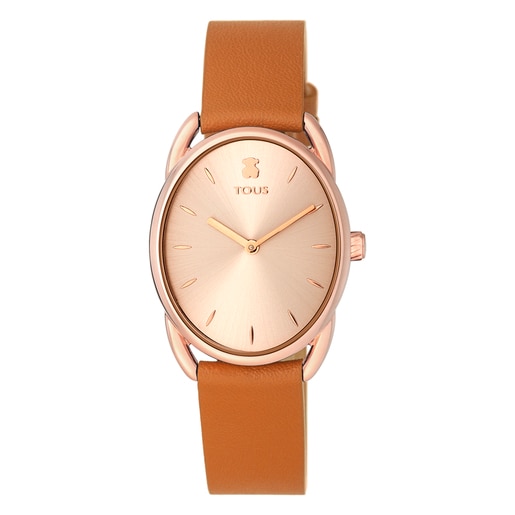 Montre Dai en Acier IP rosé avec bracelet en cuir marron