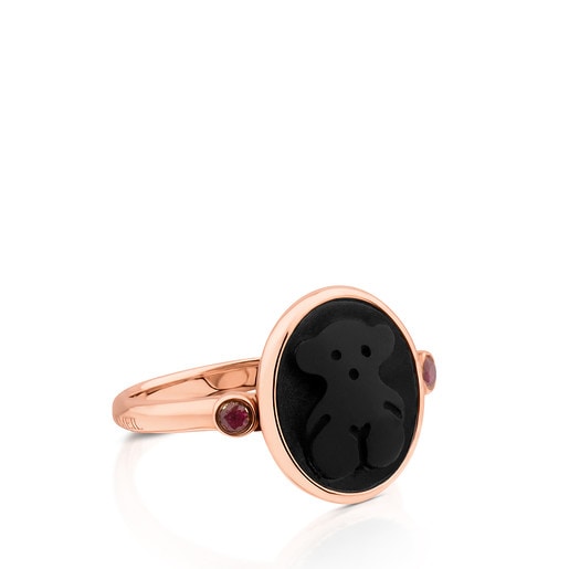 Rose Vermeil Silver Camee Ring with Onyx and Ruby 