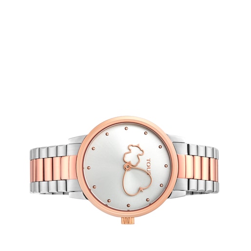 ساعة بلونين من الفولاذ الزهري IP و تصميم الدب Steel Real Bear Watch