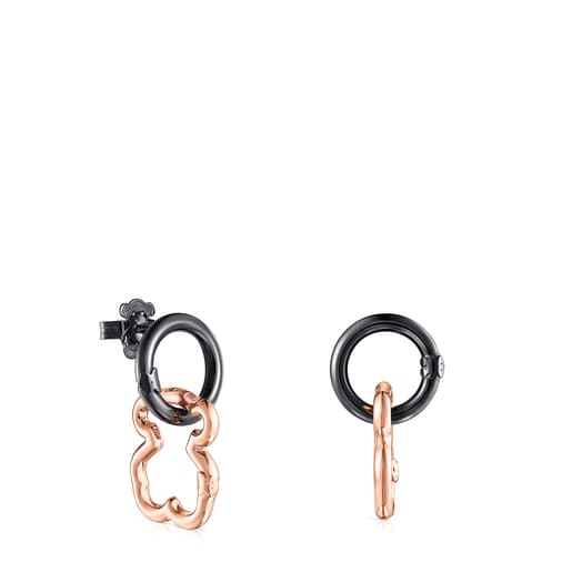 Pendientes oso con baño de oro rosa 18 kt sobre plata y plata dark silver Hold