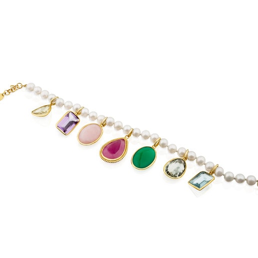 Gold Gem Power Bracelet with Pearls and seven multicolor Gemstones. 7 17/25