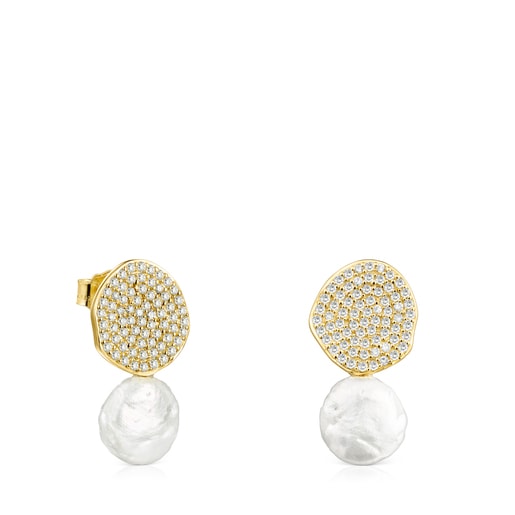 Gold Nenufar Earrings with Diamonds and Pearl