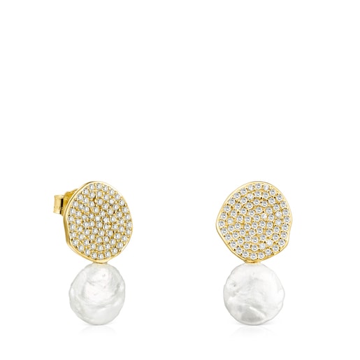 Gold Nenufar Earrings with Diamonds and Pearl | TOUS