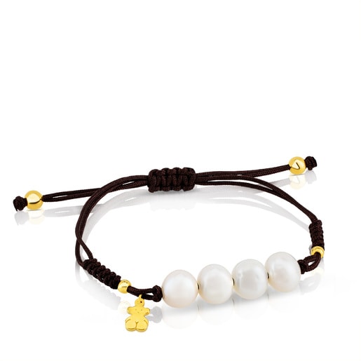 Bransoletka Tous Nudos z brązowego sznurka i żółtego srebra Vermeil z perłami