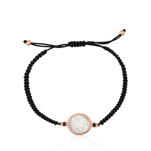 Rose Vermeil Silver Camee Bracelet with black Cord, Mother-of-Pearl and Spinel