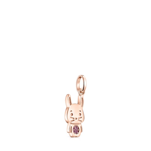 Dije Chinese Horoscope conejo con baño de oro rosa 18 kt sobre plata y Rubí