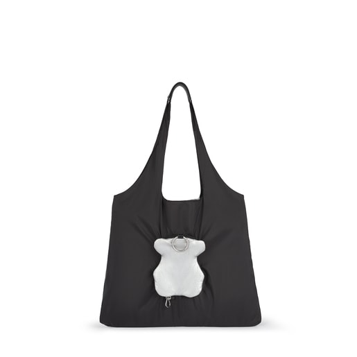 Skládací shopping taška Salsi v černo-stříbrné barvě s medvídkem