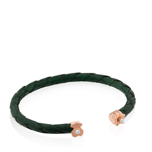 Bracelet Super Power en Cuir de couleur verte avec Argent Vermeil rose et Perle