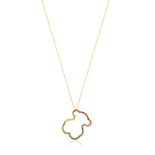 Gold Icon Necklace with multicolor Gemstones big Bear motif