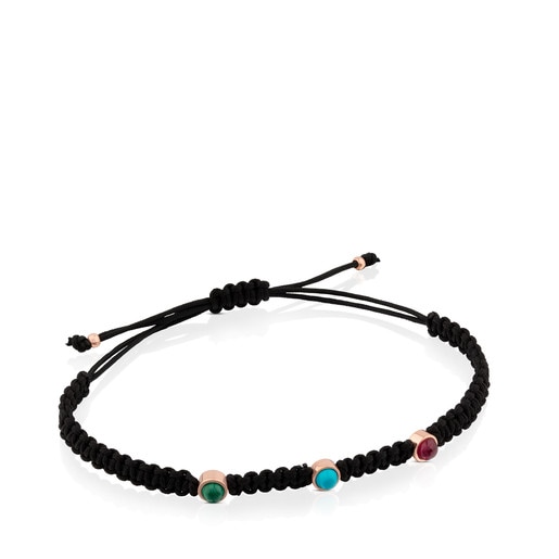 Rose Vermeil Silver Super Power Bracelet with Cord, Malachite, Ruby and Turquoise