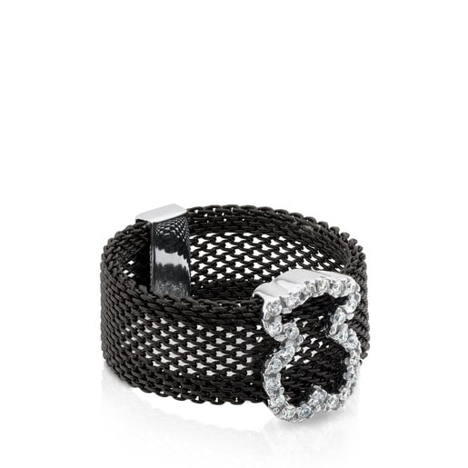 Black IP Steel and White Gold TOUS Icon Mesh Ring with Diamonds 0,14ct