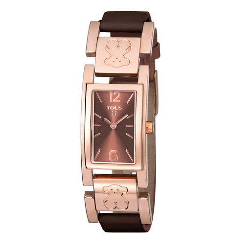 Pink IP Steel Plate Watch with brown Leather strap