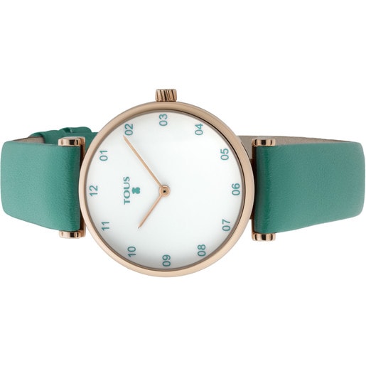 Uhr Camille aus rosa IP Stahl mit grünem Lederarmband