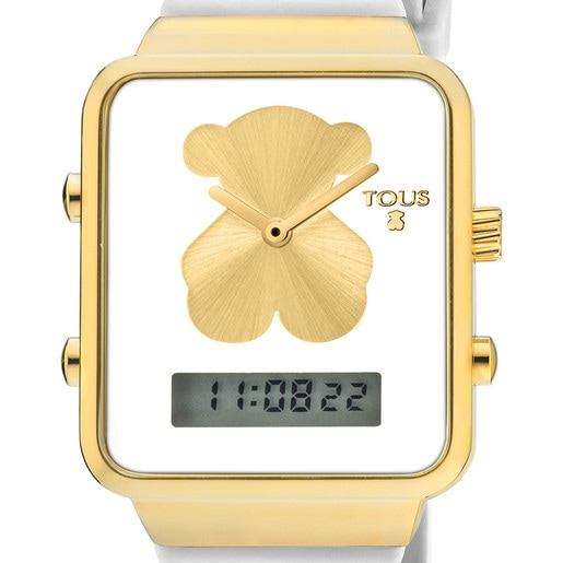 白いシリコンバンドが付いたゴールドのステンレス IP デジタル腕時計 I-Bear