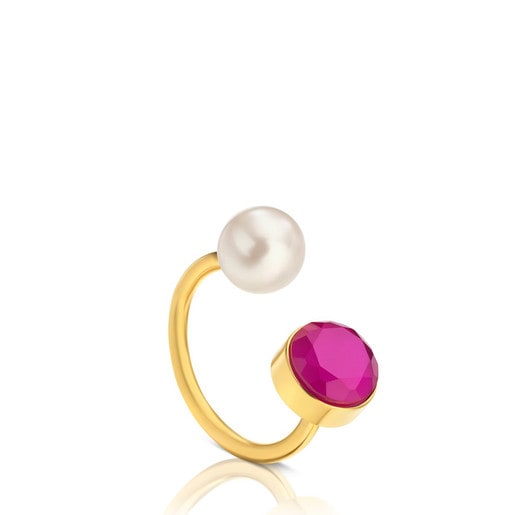 Vermeil Silver Bright Ring with Pearl, Ruby and Mother of Pearl