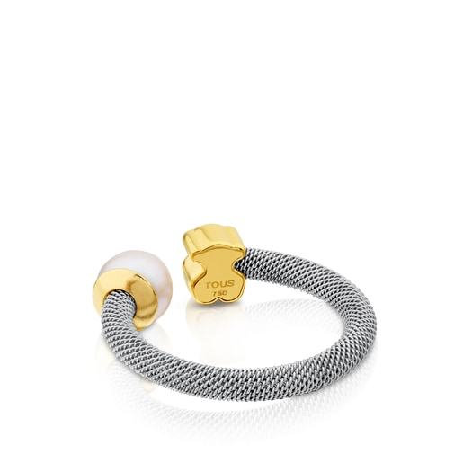 Steel and Gold TOUS Icon Mesh Ring with Pearl Bear motif