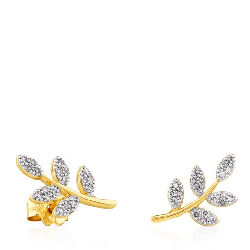 Gold Gem Power Earrings with Diamonds Leaf motif