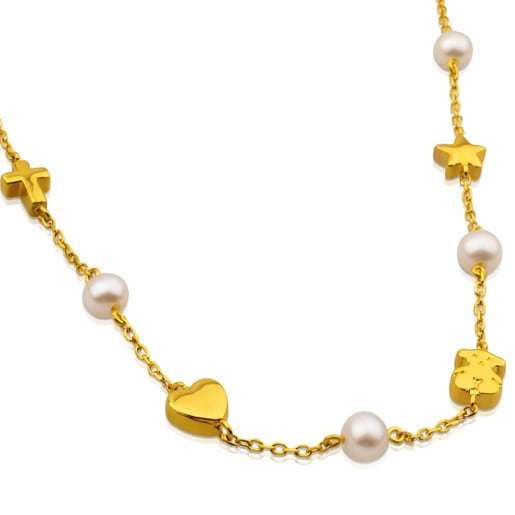 Collar de oro y perlas cultivadas con motivos oso, estrella, corazón y cruz Sweet Dolls