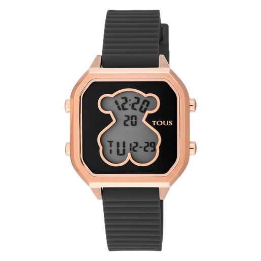 Uhr D-Bear Teen aus rosafarbenem IP-Stahl mit schwarzem Silikon-Armband