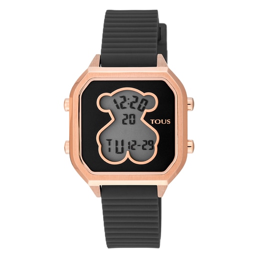 Reloj de acero IP rosado con correa de silicona negra D-Bear Teen