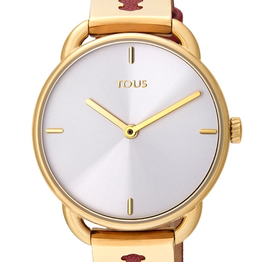 Gold-colored IP Steel Let Leather Watch with red Leather strap