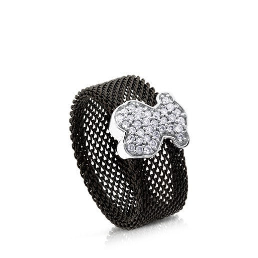 Black IP Steel and White gold TOUS Icon Mesh Ring with Diamonds Bear motif 1,1cm.