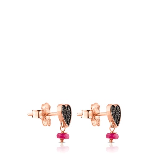 Pendientes con baño de oro rosa 18 kt sobre plata, espinelas y rubí glass filled con motivo corazón Motif