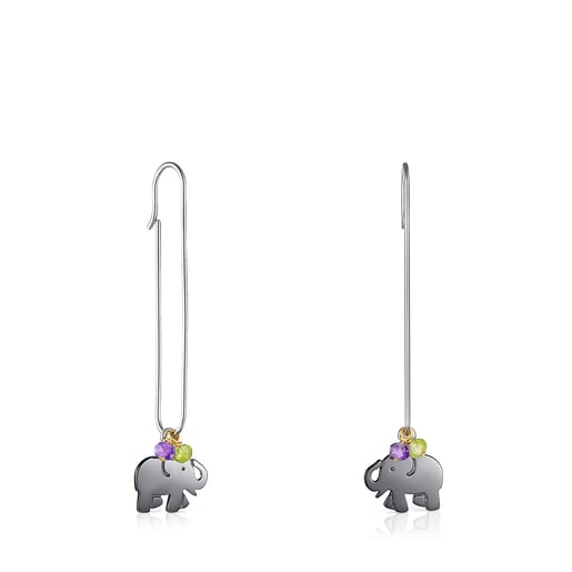 Aretes TOUS Good Vibes elefante de plata, plata dark silver y gemas