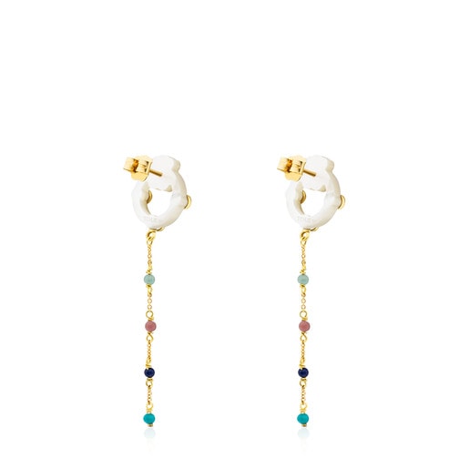 Long Gold Super Power Earrings with Mother-of-pearl and Gemstones