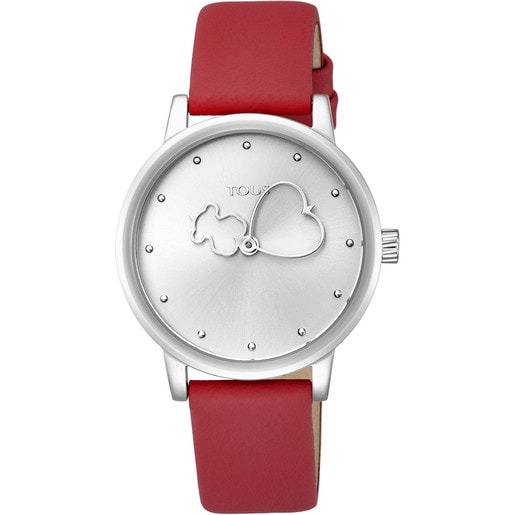 Uhr Bear Time aus Stahl mit rotem Lederarmband