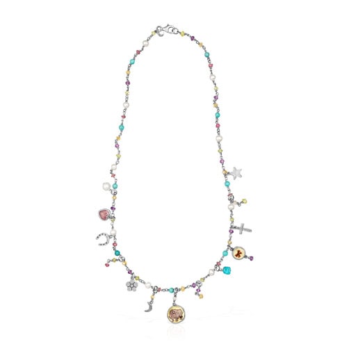 Oxidized Silver La XIII Necklace with Mother-of-pearl, Pearls and Gemstones