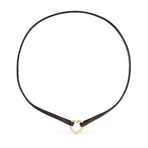 Hold Gold heart and brown Leather Necklace | TOUS