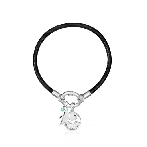 TOUS Mama boy Bracelet in Silver, Chrysoprase and black Leather