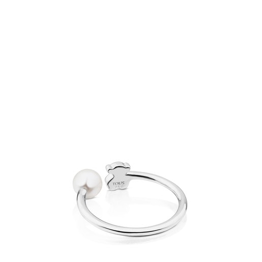 טבעת פפיס מזהב לבן בשילוב דובי משובץ יהלומים ופנינה