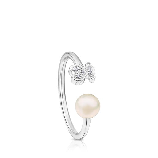 White Gold Puppies Ring with Diamond and Pearl