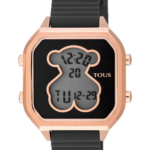 Reloj digital D-Bear Teen de acero IP rosado con correa de silicona negra