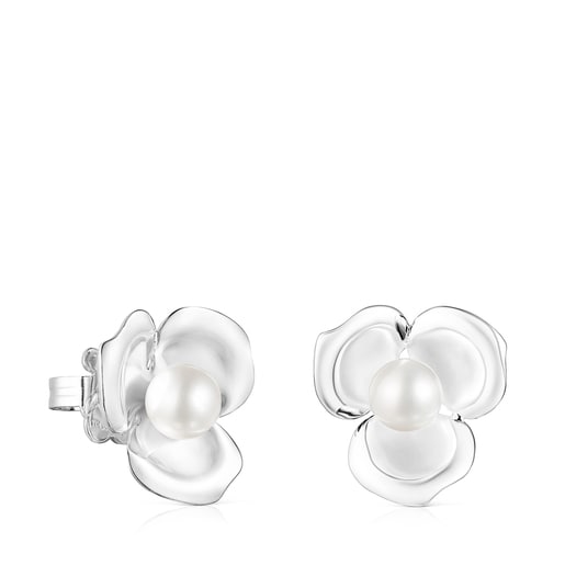 Small Silver Fragile Nature flower Earrings with Pearl | TOUS