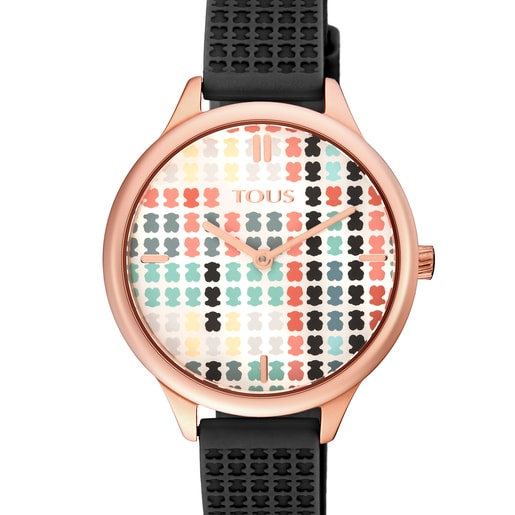 Pink IP Steel Multicolor Tartan Watch with Black Silicone Strap