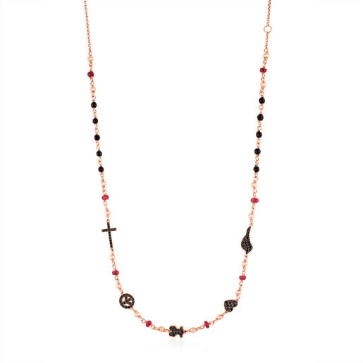 Rose Vermeil Silver Motif Necklace with Spinel, Ruby and Onyx