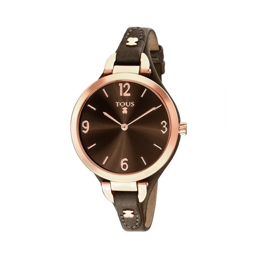 Uhr Bohème aus rosa IP Stahl mit braunem Lederarmband