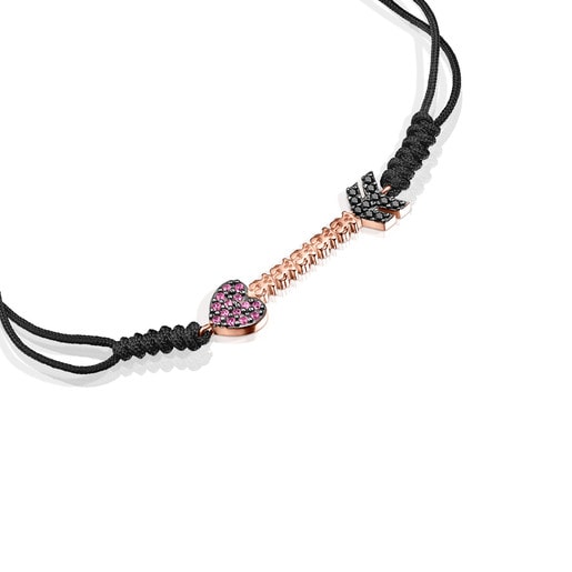 San Valentín arrow Bracelet in Rose Silver Vermeil with Gemstones and black Cord