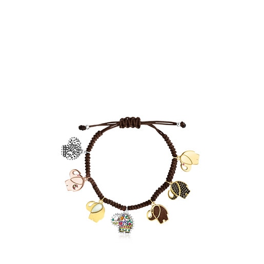 Mi Talisman Bracelet in Silver, Silver Vermeil and Rose Silver Vermeil with Gemstones and brown Cord