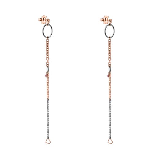 Long Dark Silver and Rose Silver Vermeil TOUS Motif Earrings with Spinels and Rubies 13cm.