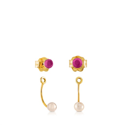 Gold Mini Bright Earrings with Pearl, Ruby and Mother of Pearl