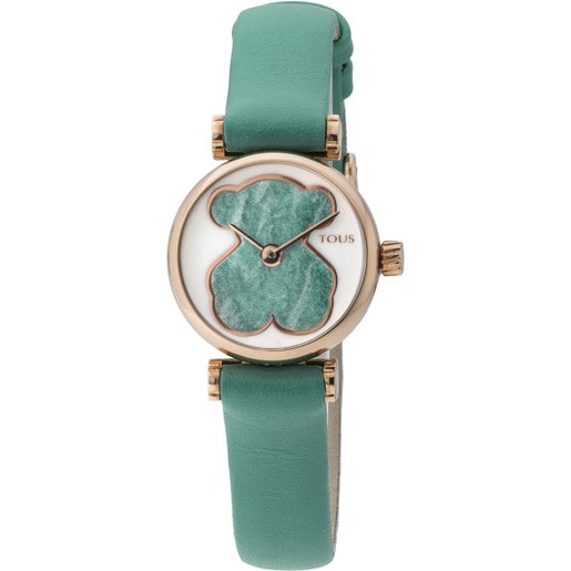 Zegarek z kolekcji Camille wykonany z różowej powlekanej stali ze skórzanym zielonym paskiem